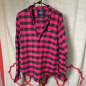 Hollister Men's Red and Black Buffalo Plaid Shirt Slim Fit Large